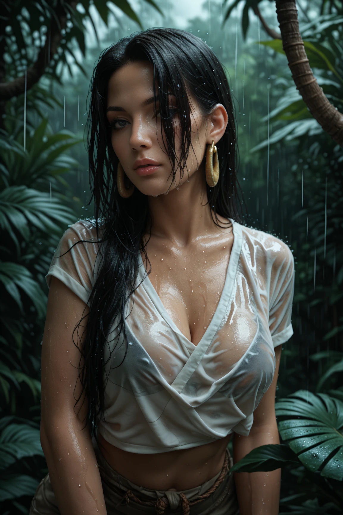 (m4ry) in a red dress is sitting in the water, (rainy day), long sleeves, closeup fantasy with water magic, beautiful maiden, wearing a dress made of water, big breasts, huge cleavage, realistic oil painting, dripping wet, in water up to her shoulders, beautiful realistic painting, nymph in the water, hyperrealist portrait in a river, hyperrealistic fantasy art, splashing, realistic fantasy painting, cute shot, narrow depth of field, 8k, nsfw, drenched, ((soaked)), dripping water, dripping oil, heavy clothes, soaked in oil, wet all over, rouge lipstick, wet dripping hair,