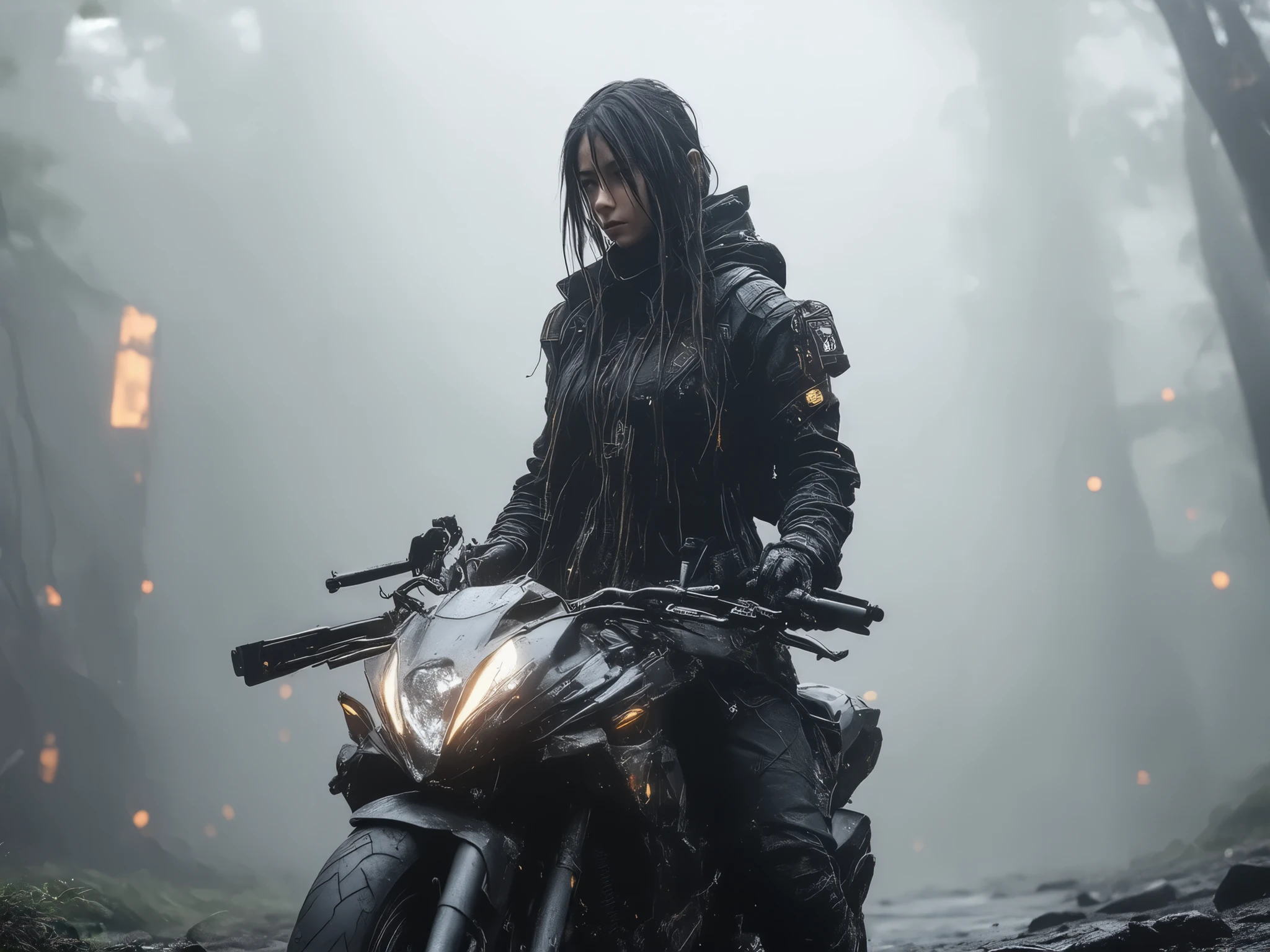 (masterpiece, best quality:1.8), 1girl, cyberpunk girl with shotgun and her motorbike, bio punk vibe, hyperrealistic, hyperdetailed, vibrant, volumetric light, glow