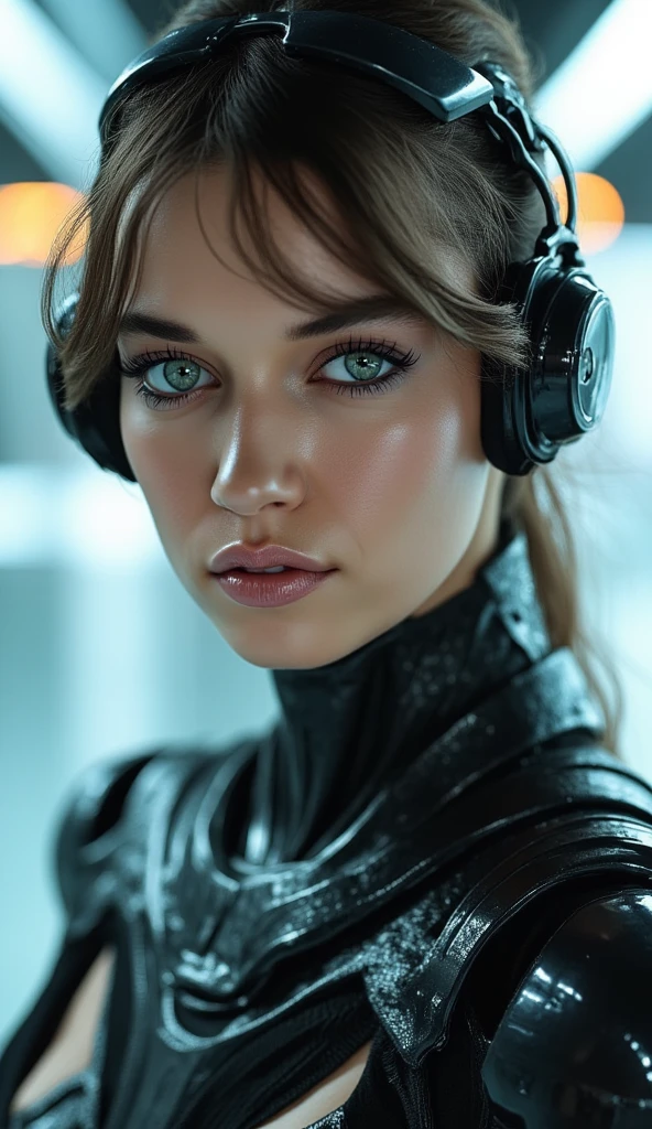 (photo of a gorgeous woman),(soft even lighting),(futuristic background),((in a cyborg look)),(proportional),detailed face,detailed eyes,((medium body portrait)),masterpiece,((best quality)),(eye contact),looking at the viewer,centred,shot from front,(day time)