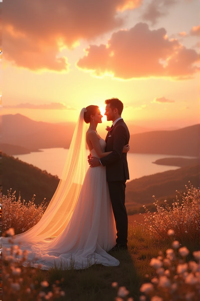 (best quality), wedding photography in the countryside at the golden hour, view of the coffee plantation in the background, engaged couple, the bride with white dress, bouquet of flowers, veil blowing, the groom with formal clothes, warm colors, romantic mood.