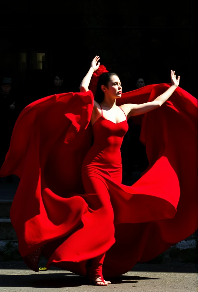 ((masterpiece)) ((photography)) ((Highest quality)) Dynamic Spanish dancer in a red flamenco dress, performing an iconic dance with intense energy and grace. The dress flows dramatically with each twirl, creating a vivid contrast against a dark background. Her expression is passionate and focused, with her arms raised and one foot poised in mid-step. The scene captures the beauty of the movement, with the folds of the dress swirling around her. The atmosphere is charged with the rhythmic beat of flamenco music, creating a sense of motion and intensity. she is in front of musical group in the street.