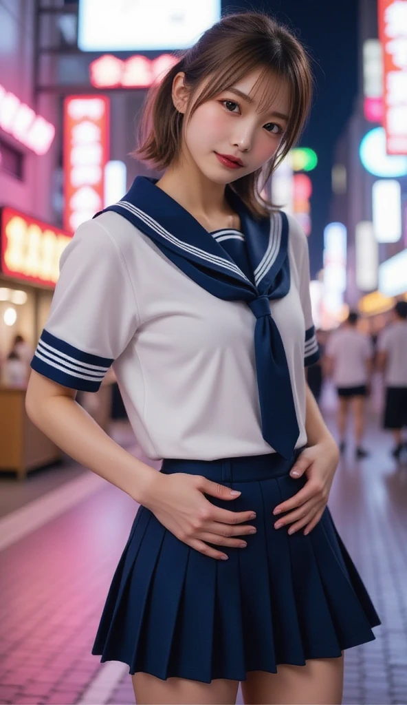 (((Gently comforting))), ((high school girl, Sailor suit, mini skirt)), 15 year old beautiful girl, Baby Face, Slender body line, Small and slender figure, Perfect Anatomy, Detailed eyes, face and hands, highest quality, 8K, masterpiece