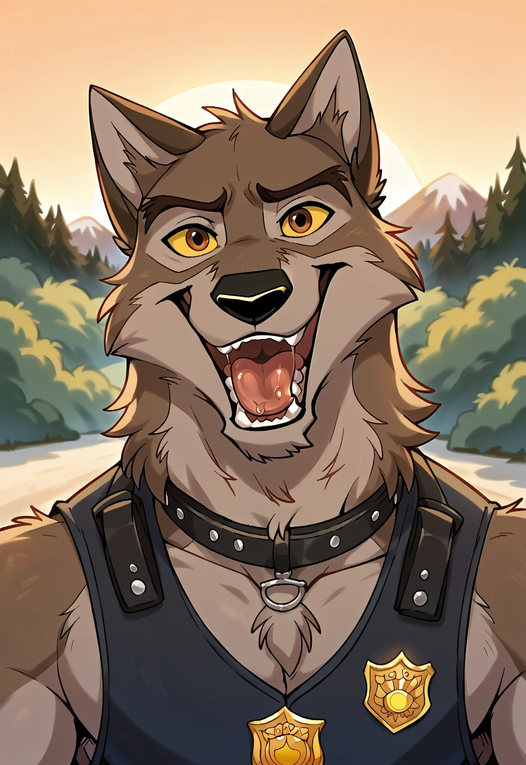 score_9, score_8_up, score_7_up, score_6_up, score_5_up, score_4_up, source_furry, hi res, sunset background, blurred background, upper body, solo, (Balto), wolf, wolf dog, yellow sclera, brown eyes, looking at viewer, anthro, male, Tongue, Smile, Open Mouth, drooling, black police vest, black leather collar, badge,dog style pov, lying down on the viewer