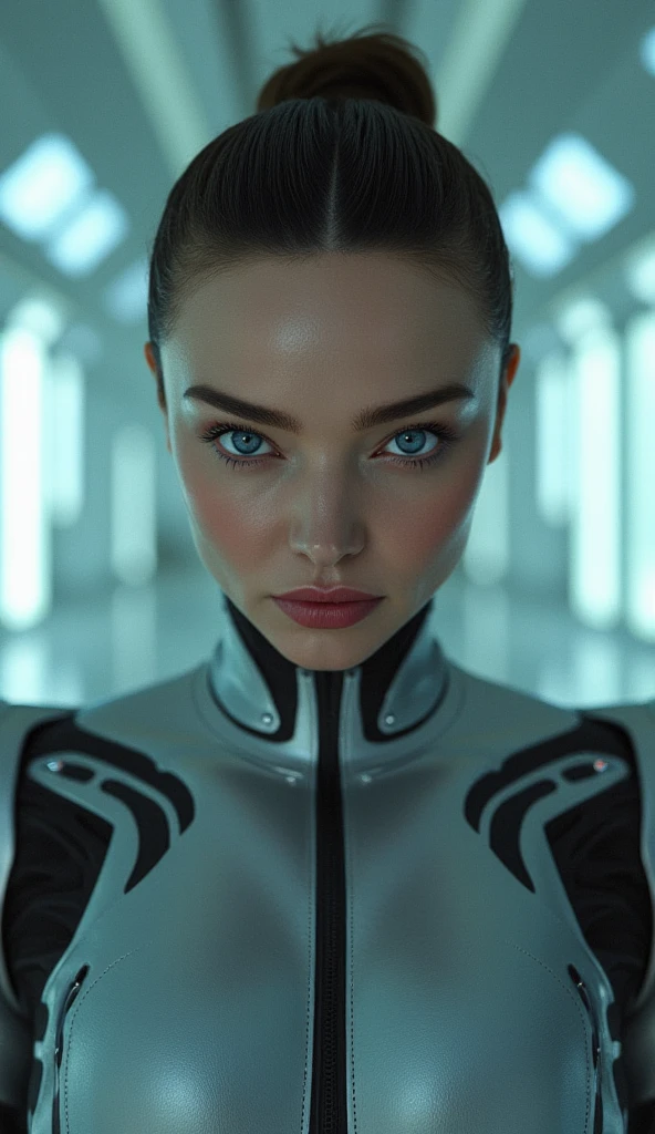 (photo of a gorgeous woman),(soft even lighting),(futuristic background),((in a cyborg look)),(proportional),detailed face,detailed eyes,((medium body portrait)),masterpiece,((best quality)),(eye contact),looking at the viewer,centred,shot from front,(day time)