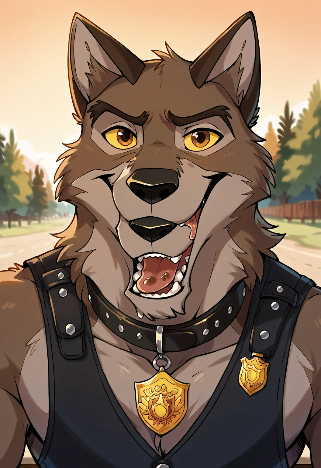 score_9, score_8_up, score_7_up, score_6_up, score_5_up, score_4_up, source_furry, hi res, sunset background, blurred background, upper body, solo, (Balto), wolf, wolf dog, yellow sclera, brown eyes, looking at viewer, anthro, male, Tongue, Smile, Open Mouth, drooling, black police vest, black leather collar, badge,dog style pov, lying down on the viewer