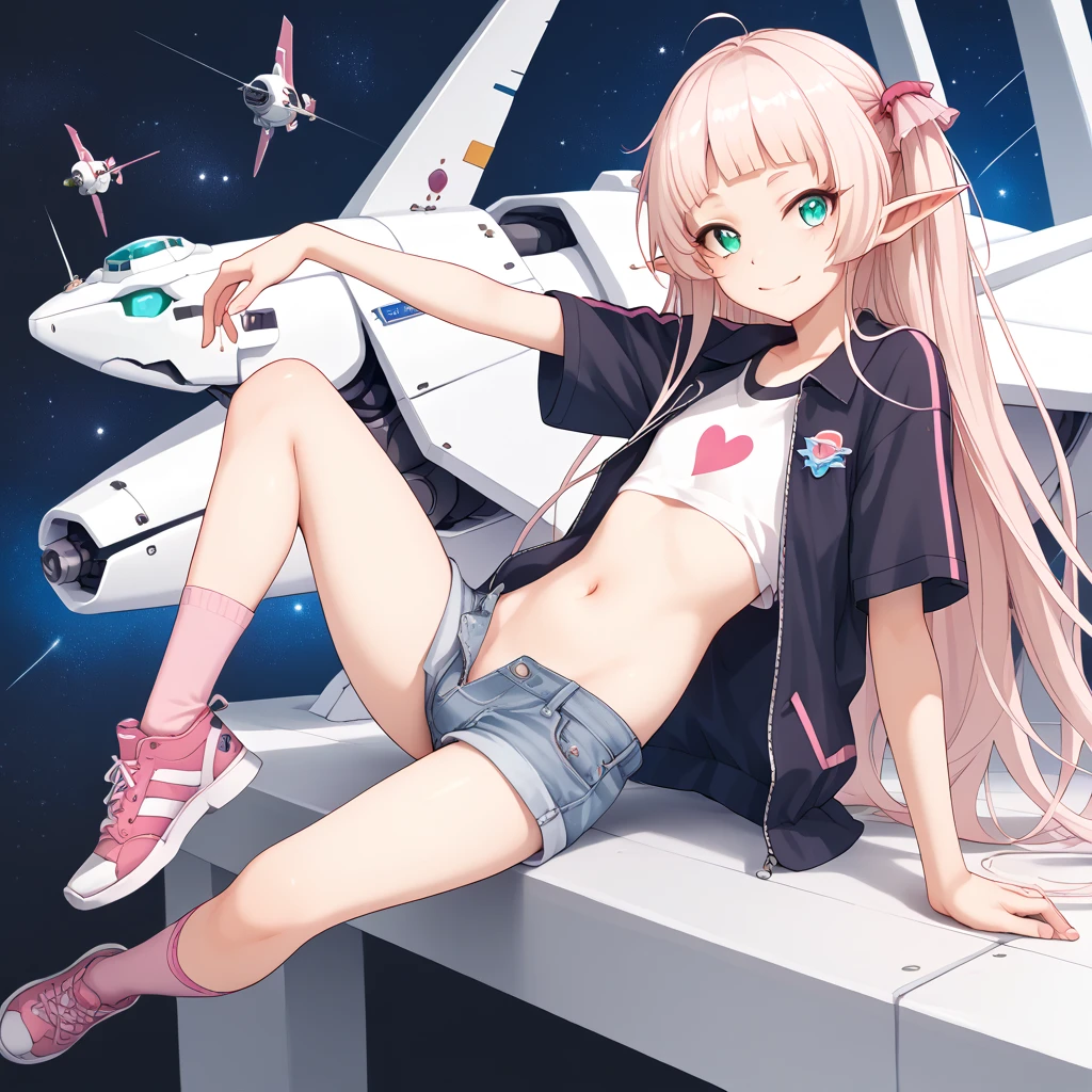 (((best quality))), (((masterpiece))), anime, space station(((a giant robot))), elf, 1 boy, otoko no ko, femboy, 17years old,  light_pink_longhair, turquoise_eyes, crossdressing, girly, casual jacket, t-shirt, short pants, focus navel, pink kneehighs, sneakers, space style wear, flat chest, looking at viewer, non censored, light smile, fullbody