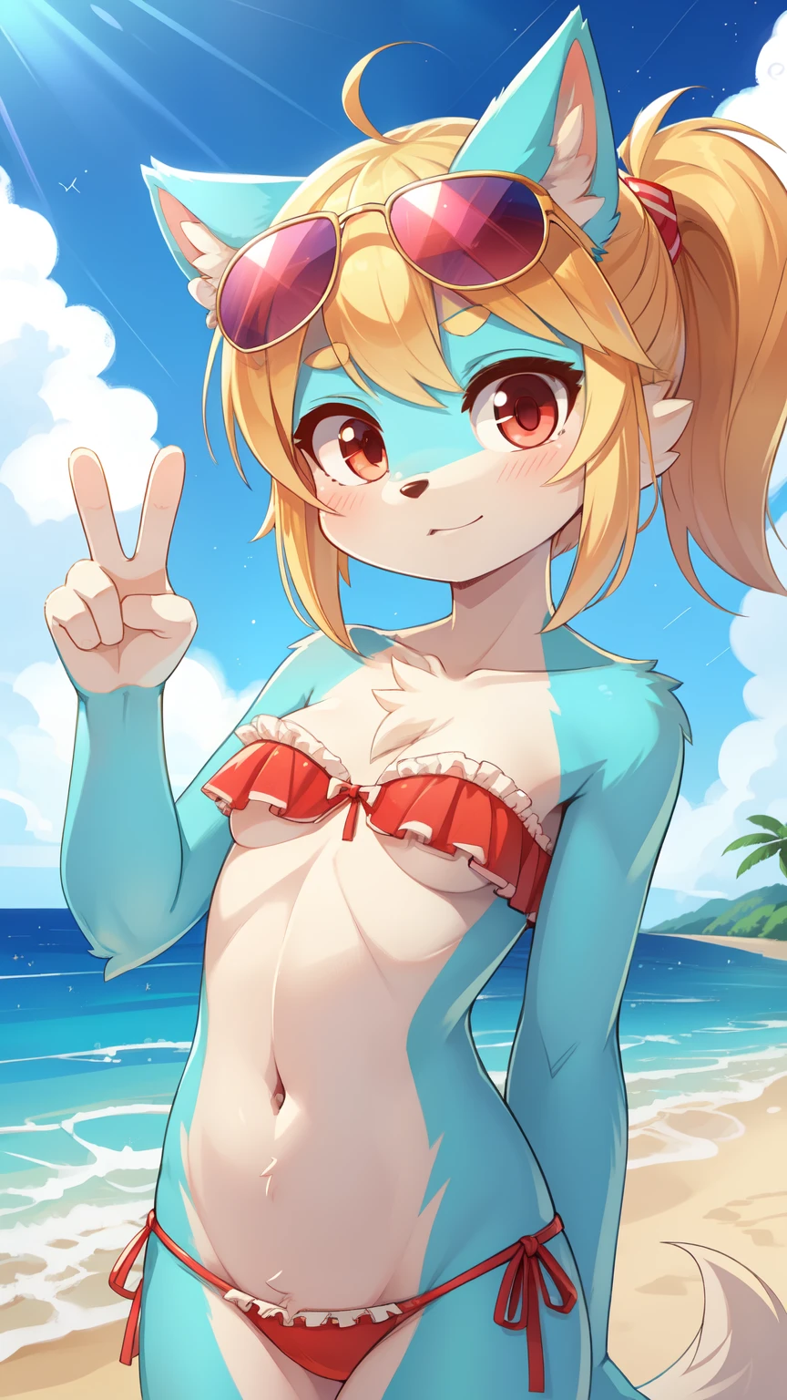 Sunni Gummi, bear, anthro, girl, young, blue eyes, detailed body fur, looking at you, red nose, clear yellow body fur, small breasts, clear yellow hair, detailed face, detailed eyes, detailed body, perfect lighting, perfect shadows, perfect eyes, perfect hair, perfect face, gorgeous body, detailed hands, glistering body, shiny body, spectacular effect, solo, ((pink frilly bikini)), beach, clear sky, straddle view, down angle, sexy pose, small penis, testicles , cum covered, (penis masturbating), pleasure face, orgasm, (anal dildo), panties aside