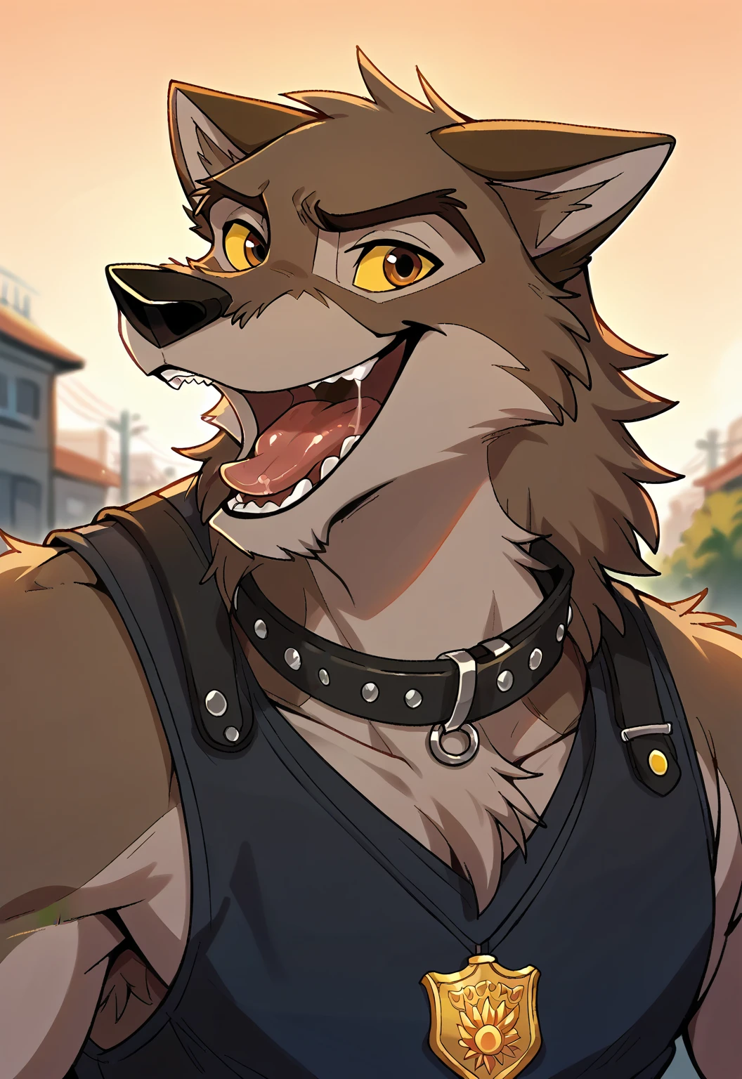 score_9, score_8_up, score_7_up, score_6_up, score_5_up, score_4_up, source_furry, hi res, sunset background, blurred background, upper body, solo, (Balto), wolf, wolf dog, yellow sclera, brown eyes, looking at viewer, anthro, male, Tongue, Smile, Open Mouth, drooling, black police vest, black leather collar, badge,dog style pov, lying down on the viewer