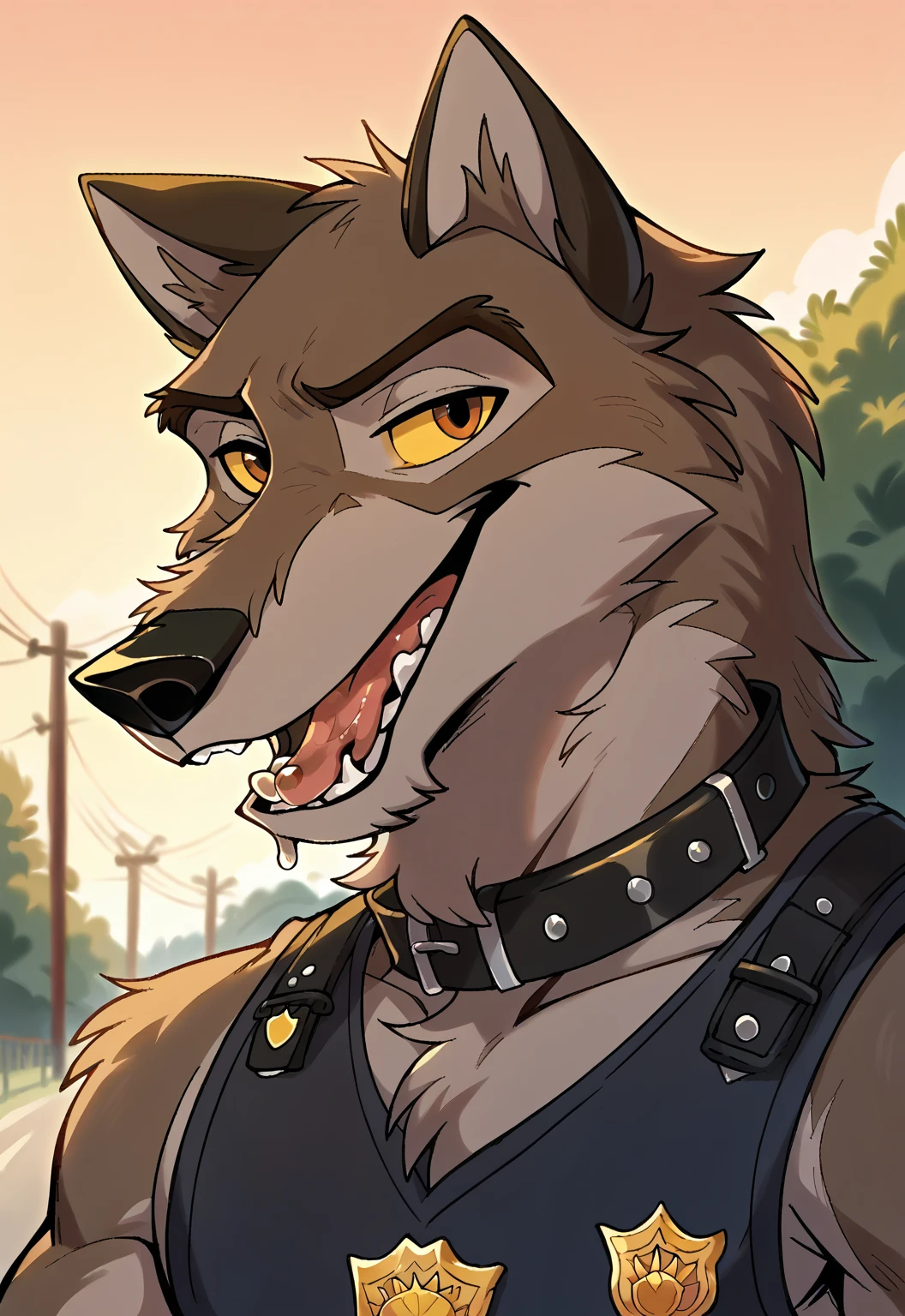 score_9, score_8_up, score_7_up, score_6_up, score_5_up, score_4_up, source_furry, hi res, sunset background, blurred background, upper body, solo, (Balto), wolf, wolf dog, yellow sclera, brown eyes, looking at viewer, anthro, male, Tongue, Smile, Open Mouth, drooling, black police vest, black leather collar, badge,dog style pov, lying down on the viewer