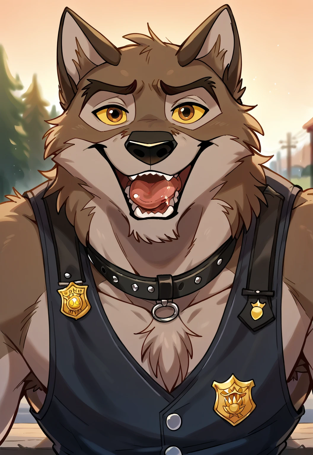 score_9, score_8_up, score_7_up, score_6_up, score_5_up, score_4_up, source_furry, hi res, sunset background, blurred background, upper body, solo, (Balto), wolf, wolf dog, yellow sclera, brown eyes, looking at viewer, anthro, male, Tongue, Smile, Open Mouth, drooling, black police vest, black leather collar, badge,dog style pov, lying down on the viewer