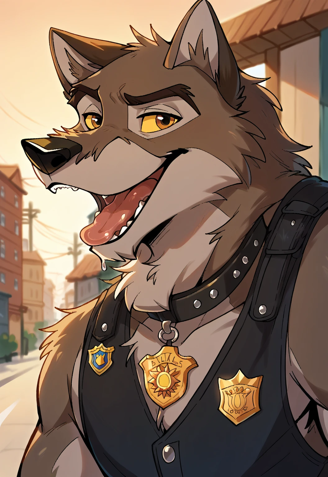 score_9, score_8_up, score_7_up, score_6_up, score_5_up, score_4_up, source_furry, hi res, sunset background, blurred background, upper body, solo, (Balto), wolf, wolf dog, yellow sclera, brown eyes, looking at viewer, anthro, male, Tongue, Smile, Open Mouth, drooling, black police vest, black leather collar, badge,dog style pov, lying down on the viewer