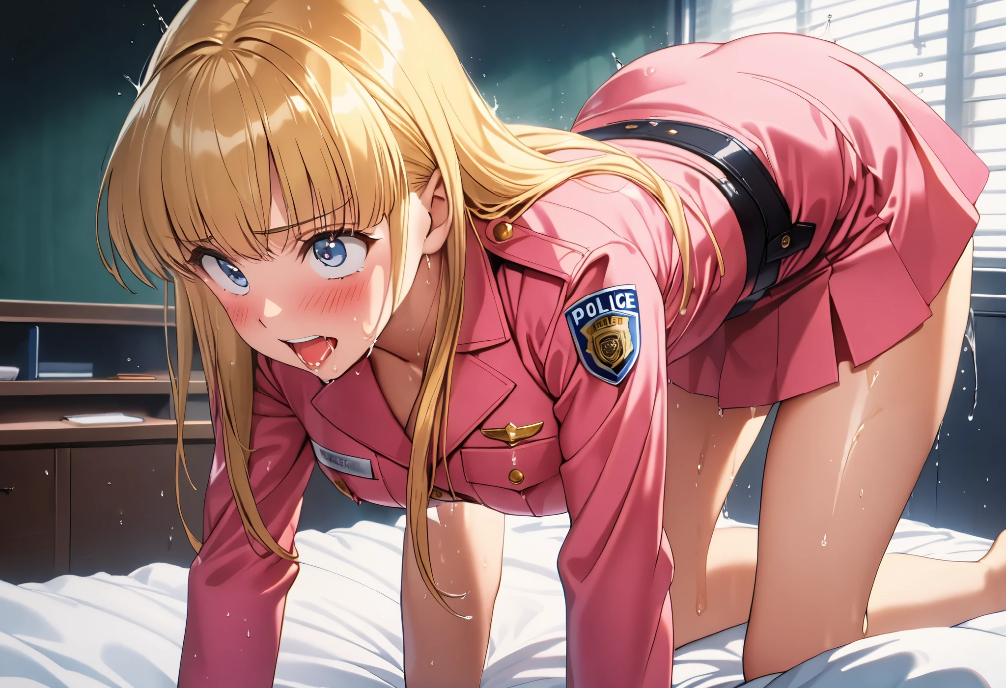 masterpiece, BestQuality, High resolution,16k,official art,super detailed skin,detailed,animated painting,(Akimoto Reiko:1.2),1990s \(style\),(G-cup big beautiful breasts), (tall:1.2),(height: 180cm,Fashion model body type:1.4),(pink police costume,pink mini skirt:1.2),(blondy:1.3),long hair,blue eyes,(athletic Muscular:1.5)、1girl,solo,nsfw,sexy,light smile,shy,blush,(vulgarity:1.6)、(Ahegao:1.4),Anime-style painting style,Close up on upper body,Cinematic lighting,Superfine,Seductively Posing,(extreme closeup shot),(in the school),nsfw,(1faceless nude boy), 1girl, hetero, sex from behind,(vaginal sex from behind:1.5), vaginal penis,intercourse with a boy,on bed, all fours, grab her hip, motion lines,(headback, arched back:1.2),intense orgasm, doggy style,trembling,(ahegao:1.3),(Vulgarity:1.2),(So stupid:1.1),(orgasm:1.6),(wet:1.1),scream