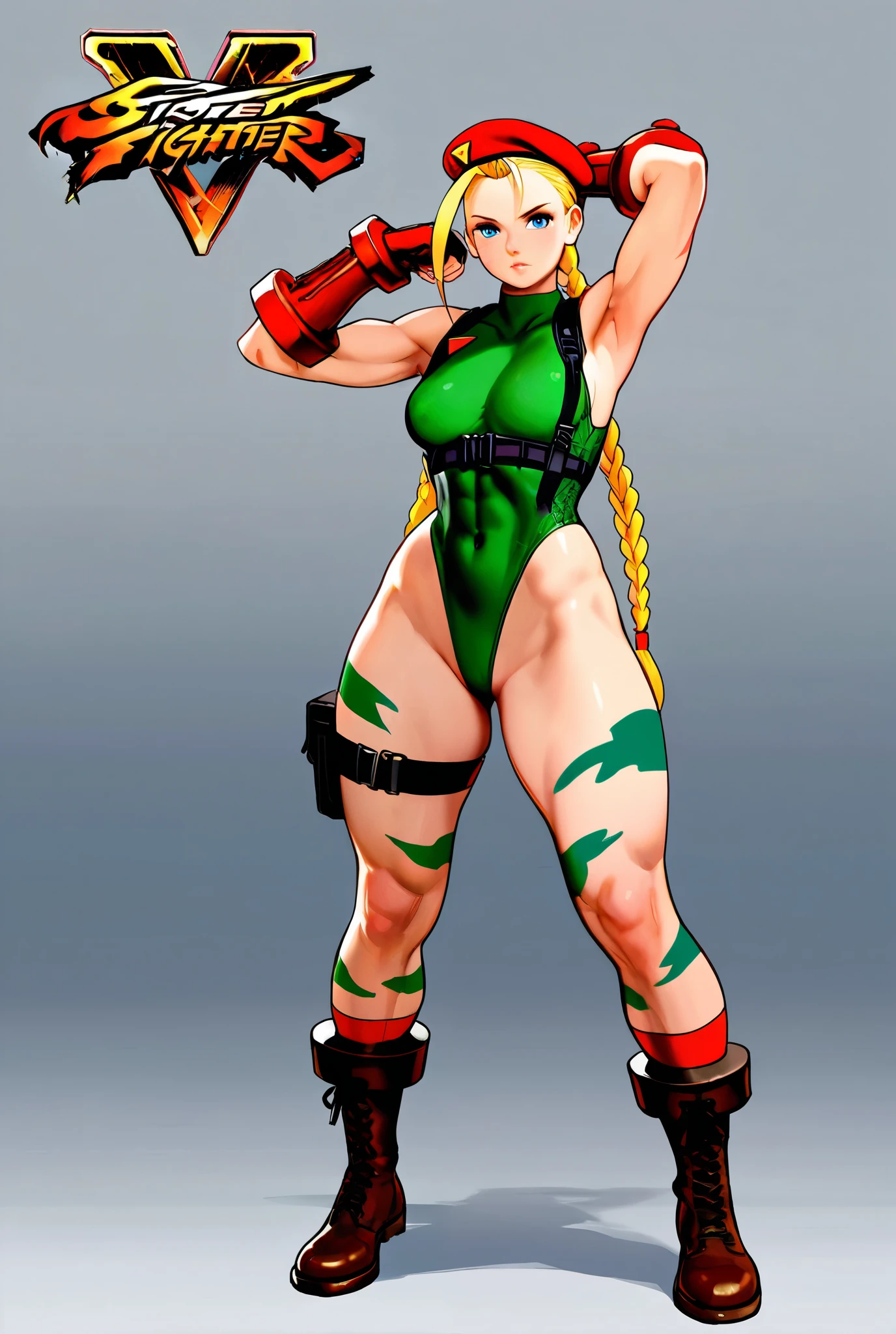 ((masterpiece)),(((best quality))),((character design sheet)), concept, poses, masterpiece, best quality, highres, 1girl, cammy white, twin braids, long hair, blonde hair, antenna hair, beret, military gear, (red headwear:1.3), blue eyes, scar on cheek, green leotard, large breasts, sleeveless, red gloves, fingerless gloves, camouflage, cowboy shot, standing, outdoors, arms at sides, straight-on, blank background ,chara-sheet