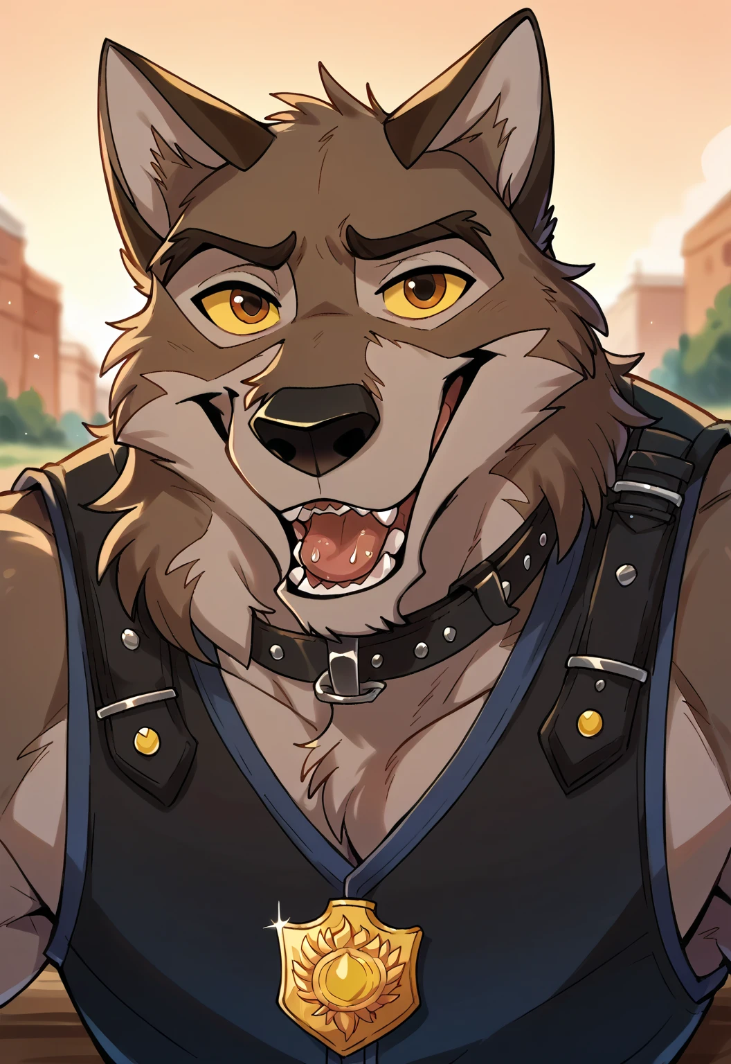 score_9, score_8_up, score_7_up, score_6_up, score_5_up, score_4_up, source_furry, hi res, sunset background, blurred background, upper body, solo, (Balto), wolf, wolf dog, yellow sclera, brown eyes, looking at viewer, anthro, male, Tongue, Smile, Open Mouth, drooling, black police vest, black leather collar, badge,dog style pov, lying down on the viewer