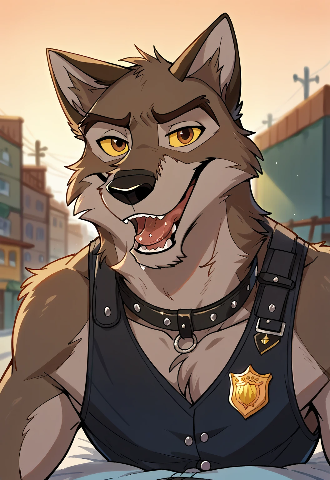 score_9, score_8_up, score_7_up, score_6_up, score_5_up, score_4_up, source_furry, hi res, sunset background, blurred background, upper body, solo, (Balto), wolf, wolf dog, yellow sclera, brown eyes, looking at viewer, anthro, male, Tongue, Smile, Open Mouth, drooling, black police vest, black leather collar, badge,dog style pov, lying down on the viewer