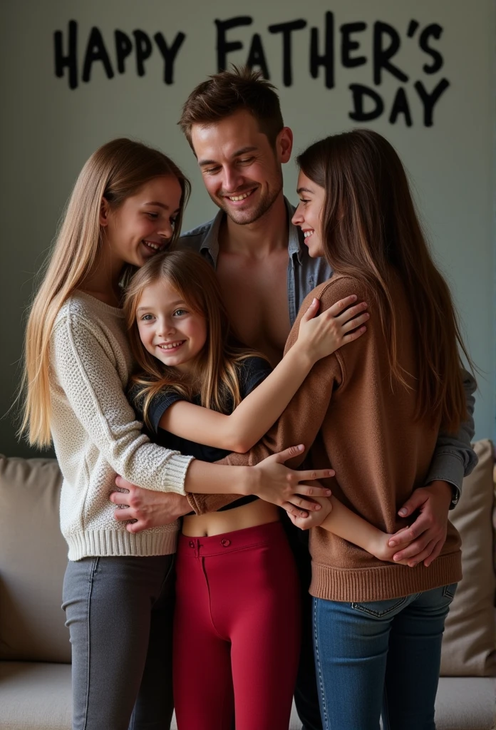 Heic portrait family photo dad in lounge room standing with group of clothed ********************* daughters. Daughters. Writing on wall saying “HAPPY FATHERS DAY!”. Daughters sexually holding dad. Girls *******. Daughters wearing red light brown skin tight tights