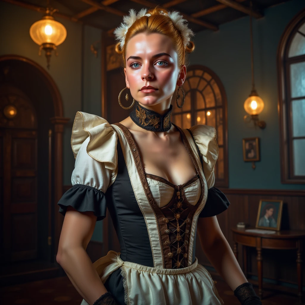 A photo of a sultry exhibitionist in a French maid ensemble. She is wearing a black and white striped dress with lace details, a lace choker, and a tail. The dress is revealing and has a cutout design. The background is a room with a chandelier, a wall, and a door. The lighting is soft.