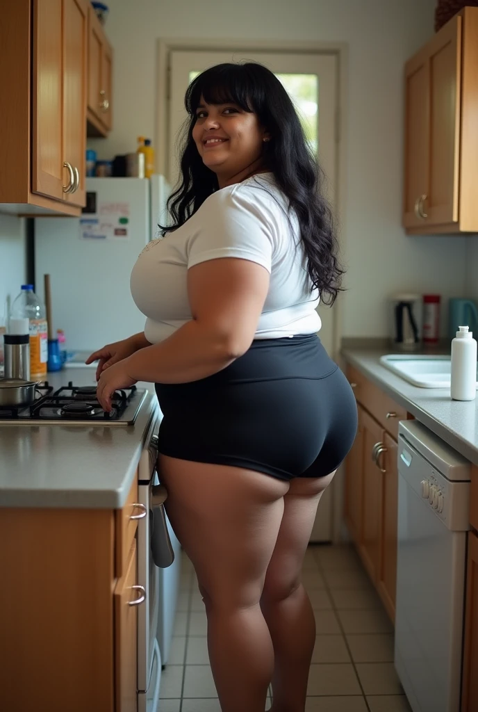 hyuuga hanabi, long hair tied low, hair band, hana purple eyes, beautiful, beautiful woman, perfect body, (((thick thighs))), perfect breasts, wearing white pajamas, pajamas, sleepwear, in the kitchen, clear kitchen, looking at the audience, a slight smile, realism, masterpiece , textured leather, super detail, high detail, high quality, best quality, 1080p, 16k