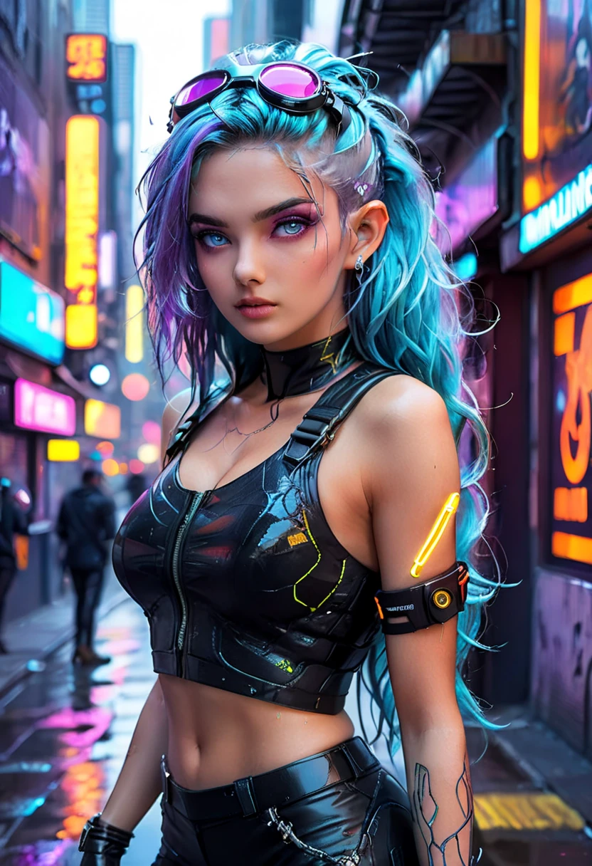 (masterpiece, best quality, ultra detailed:1.2), (anime style:1.3), (a neon-lit cyberpunk city scene), (solo:1.4), (a cool and stylish young woman), (long wavy choppy vibrant blue hair, thick amazing hair:1.1), (piercing purple eyes, sharp gaze, confident expression:1.2), (slightly parted lips, serious expression:1.1), (huge breasts, athletic body, toned muscles, cybernetic enhancements:1.2), (wearing a dark futuristic skintight jacket, tight pants with straps, glowing neon accents:1.3), (cybernetic arm, futuristic goggles on her head:1.2), (fingerless gloves, chunky boots, multiple piercings:1.1), (subtle blush, intense gaze:1.1), (leaning against a wall, confident and relaxed pose:1.3), (background of a gritty, neon-lit city street, holographic billboards, flying cars:1.2), (dynamic lighting, strong contrasts, neon glow effects:1.1), (rain puddles reflecting neon light:1.2), Burning sexy pose, naked arms,