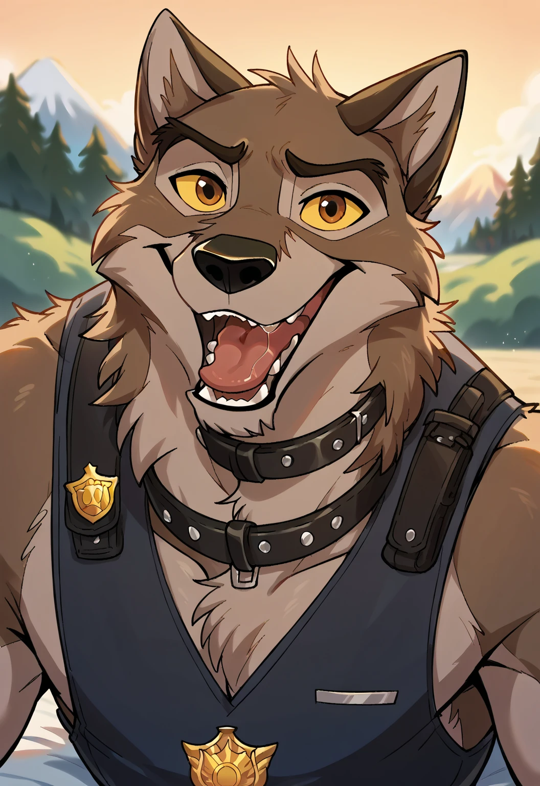 score_9, score_8_up, score_7_up, score_6_up, score_5_up, score_4_up, source_furry, hi res, sunset background, blurred background, upper body, solo, (Balto), wolf, wolf dog, yellow sclera, brown eyes, looking at viewer, anthro, male, Tongue out, Smile, Open Mouth, drooling, black police vest, black leather collar, badge,dog style pov, lying down on the viewer