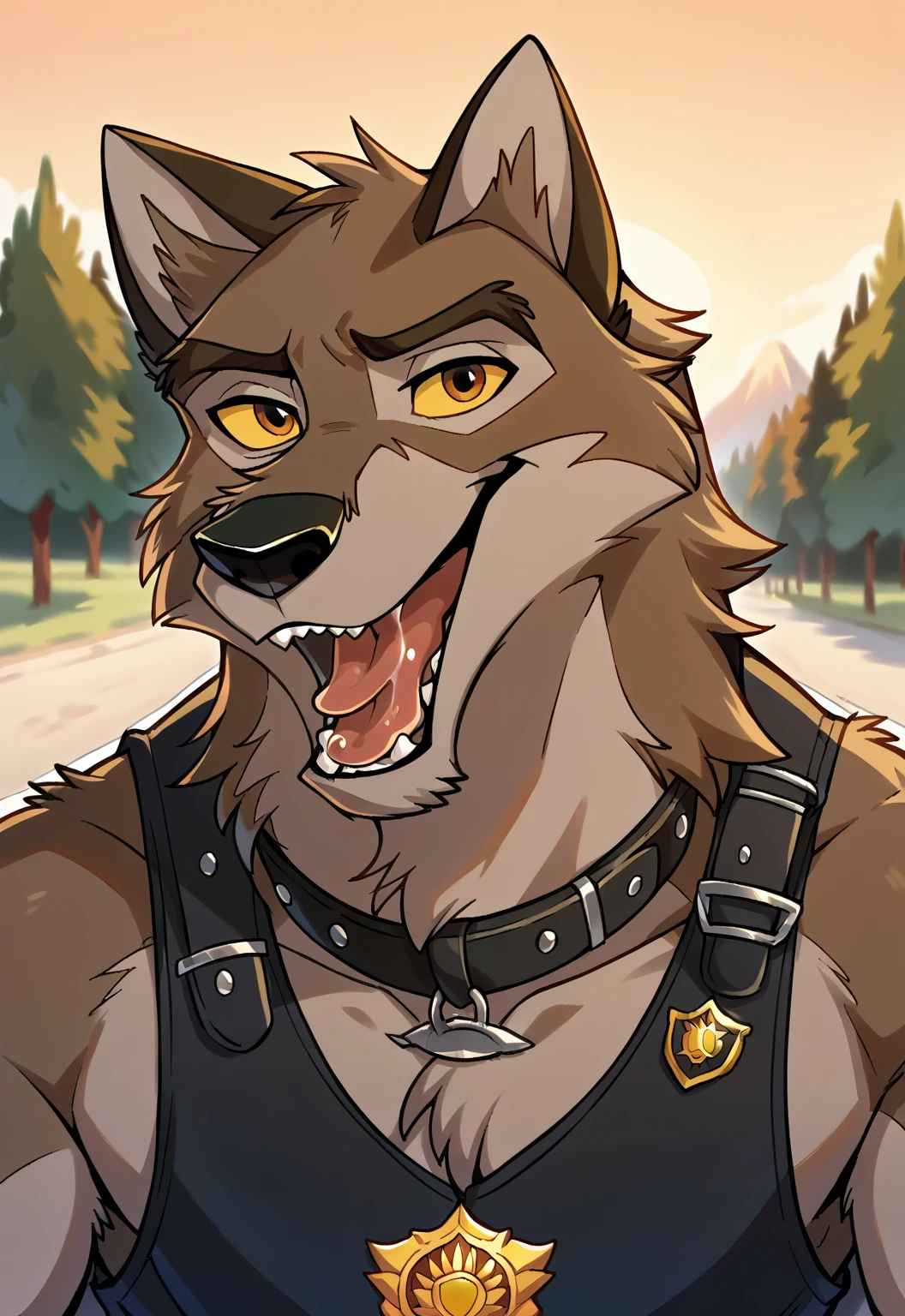 score_9, score_8_up, score_7_up, score_6_up, score_5_up, score_4_up, source_furry, hi res, sunset background, blurred background, upper body, solo, (Balto), wolf, wolf dog, yellow sclera, brown eyes, looking at viewer, anthro, male, Tongue out, Smile, Open Mouth, drooling, black police vest, black leather collar, badge,dog style pov, lying down on the viewer