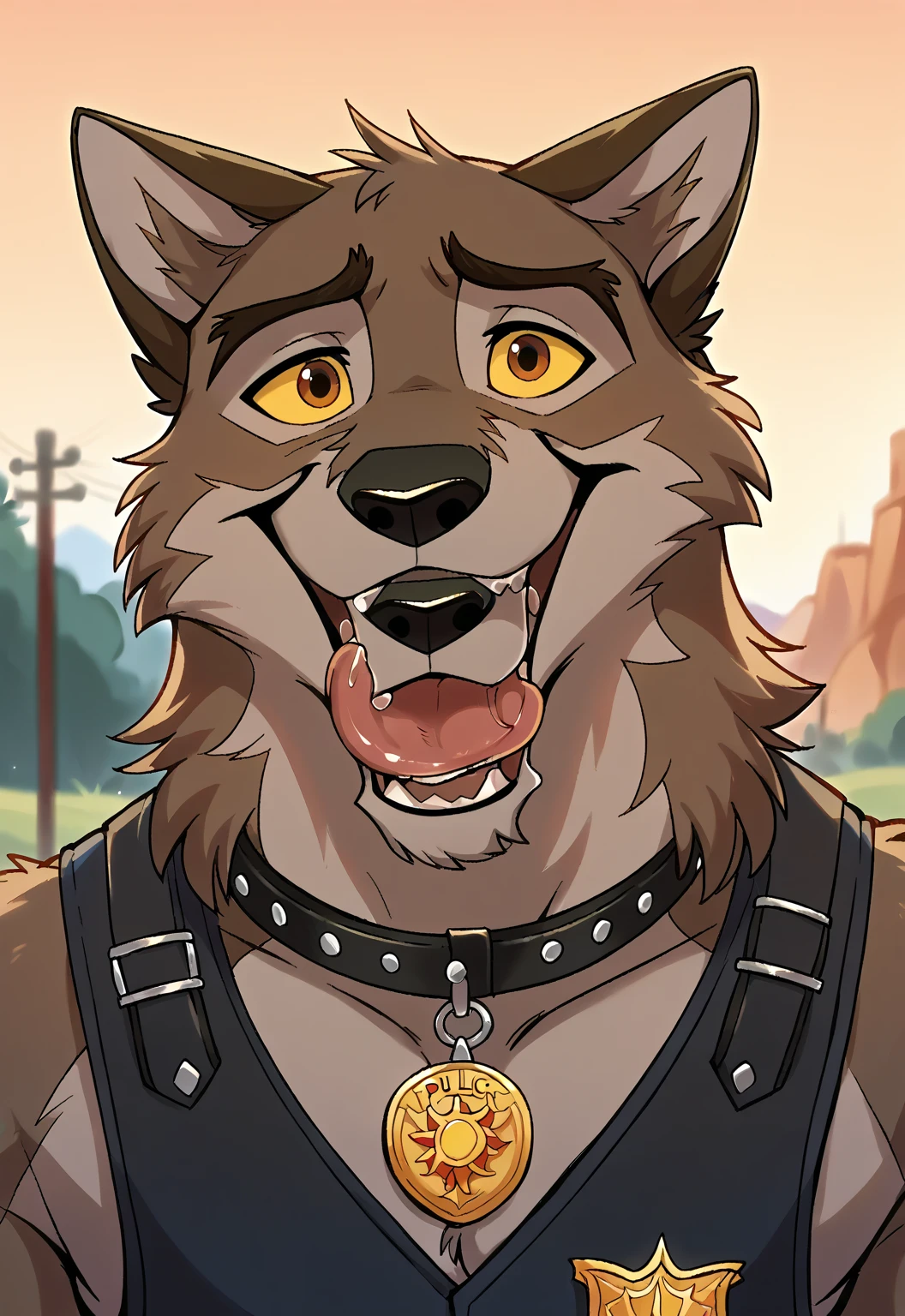 score_9, score_8_up, score_7_up, score_6_up, score_5_up, score_4_up, source_furry, hi res, sunset background, blurred background, upper body, solo, (Balto), wolf, wolf dog, yellow sclera, brown eyes, looking at viewer, anthro, male, Tongue out, Smile, Open Mouth, drooling, black police vest, black leather collar, badge,dog style pov, lying down on the viewer