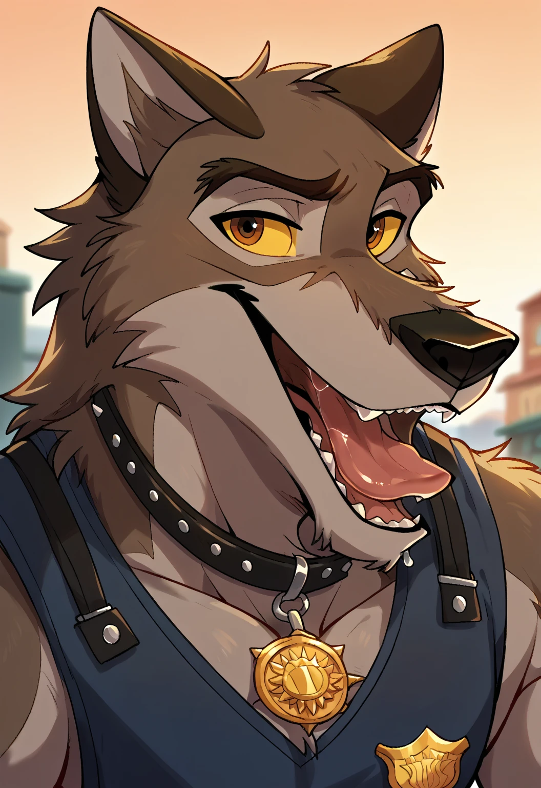 score_9, score_8_up, score_7_up, score_6_up, score_5_up, score_4_up, source_furry, hi res, sunset background, blurred background, upper body, solo, (Balto), wolf, wolf dog, yellow sclera, brown eyes, looking at viewer, anthro, male, Tongue out, Smile, Open Mouth, drooling, black police vest, black leather collar, badge,dog style pov, lying down on the viewer