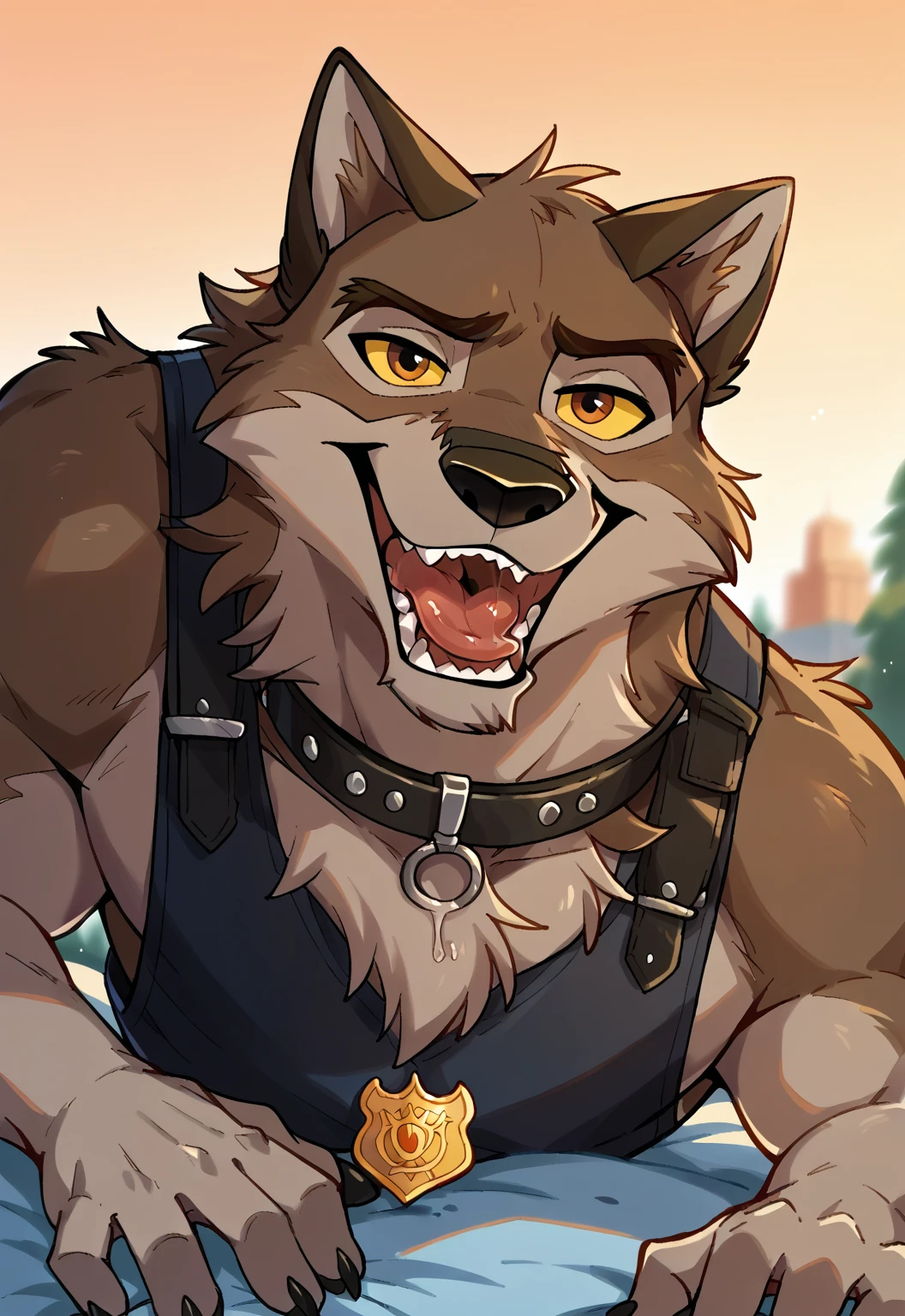 score_9, score_8_up, score_7_up, score_6_up, score_5_up, score_4_up, source_furry, hi res, sunset background, blurred background, upper body, solo, (Balto), wolf, wolf dog, yellow sclera, brown eyes, looking at viewer, anthro, male, Tongue out, Smile, Open Mouth, drooling, black police vest, black leather collar, badge,dog style pov, lying down on the viewer