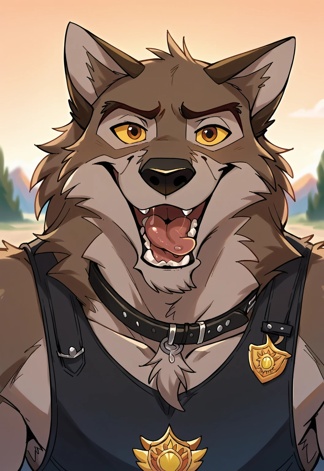 score_9, score_8_up, score_7_up, score_6_up, score_5_up, score_4_up, source_furry, hi res, sunset background, blurred background, upper body, solo, (Balto), wolf, wolf dog, yellow sclera, brown eyes, looking at viewer, anthro, male, Tongue out, Smile, Open Mouth, drooling, black police vest, black leather collar, badge,dog style pov, lying down on the viewer