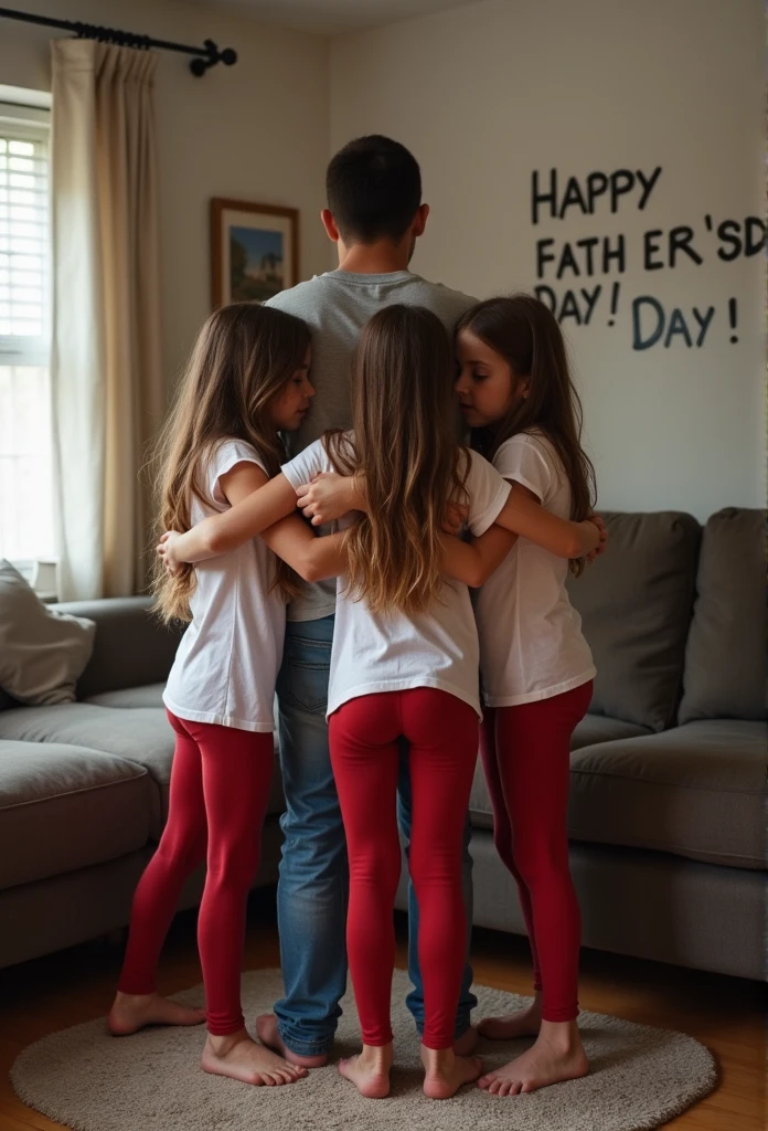 Heic portrait family photo dad in lounge room standing with group of clothed ********************* daughters. Daughters. Writing on wall saying “HAPPY FATHERS DAY!”. Daughters sexually holding dad. Girls *******. Daughters wearing red light brown skin tight tights