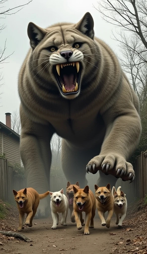 Giant cat,very big cat,huge cat,huge cat,fights with regular dogs,yard dogs,lots of dogs around cat,cat beats dogs,outdoors,backwoods neighbourhood,people in shock