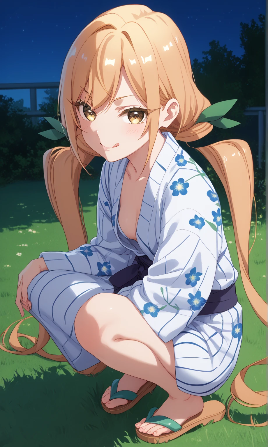 source_anime, karaneinda, karane inda, blonde hair, yellow eyes, hair ribbon, twintails, low twintails, long hair, green ribbon, small breasts, skinny, petite body,           night, grass, squatting, yukata, japanese clothes, floral print, from side, smile, looking at viewer, sandals, closed mouth, deep cleavage,  tongue out, tongue,, petite, 
