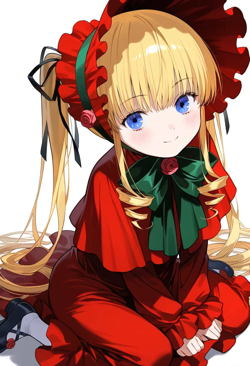 shinku\(Rozen Maiden\), 1girl, blonde hair, long hair, blue eyes, very long hair, twintails, drill hair, bonnet, dress, pantyhose, red dress, long sleeves, shoes, looking at viewer, rose, bow, solo, simple background, white background, full body, white pantyhose, smile, masterpiece, best quality, very aesthetic, absurdres