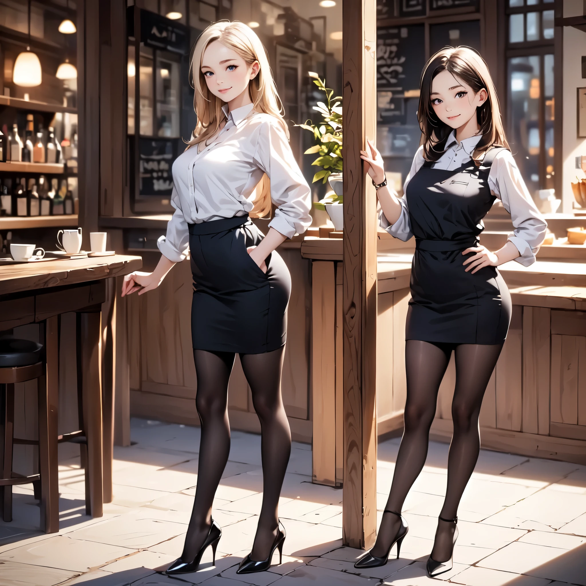 Two women in black and white outfits standing in a restaurant - SeaArt AI