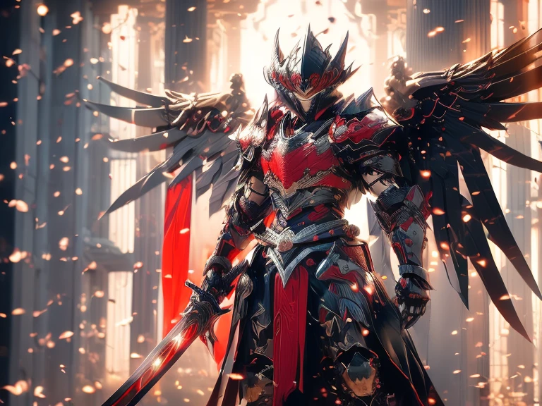 (Best Quality), (Excellent), HD, detailed, crow's head, human body, kusarigama in one hand, large black wings on the back, samurai in armor, red armor, Japanese city, maple trees, close-up photo, surrounded by black aura, realistic,ultra high resolution, cinematic scene, 8k, masterpiece, vivid quality,