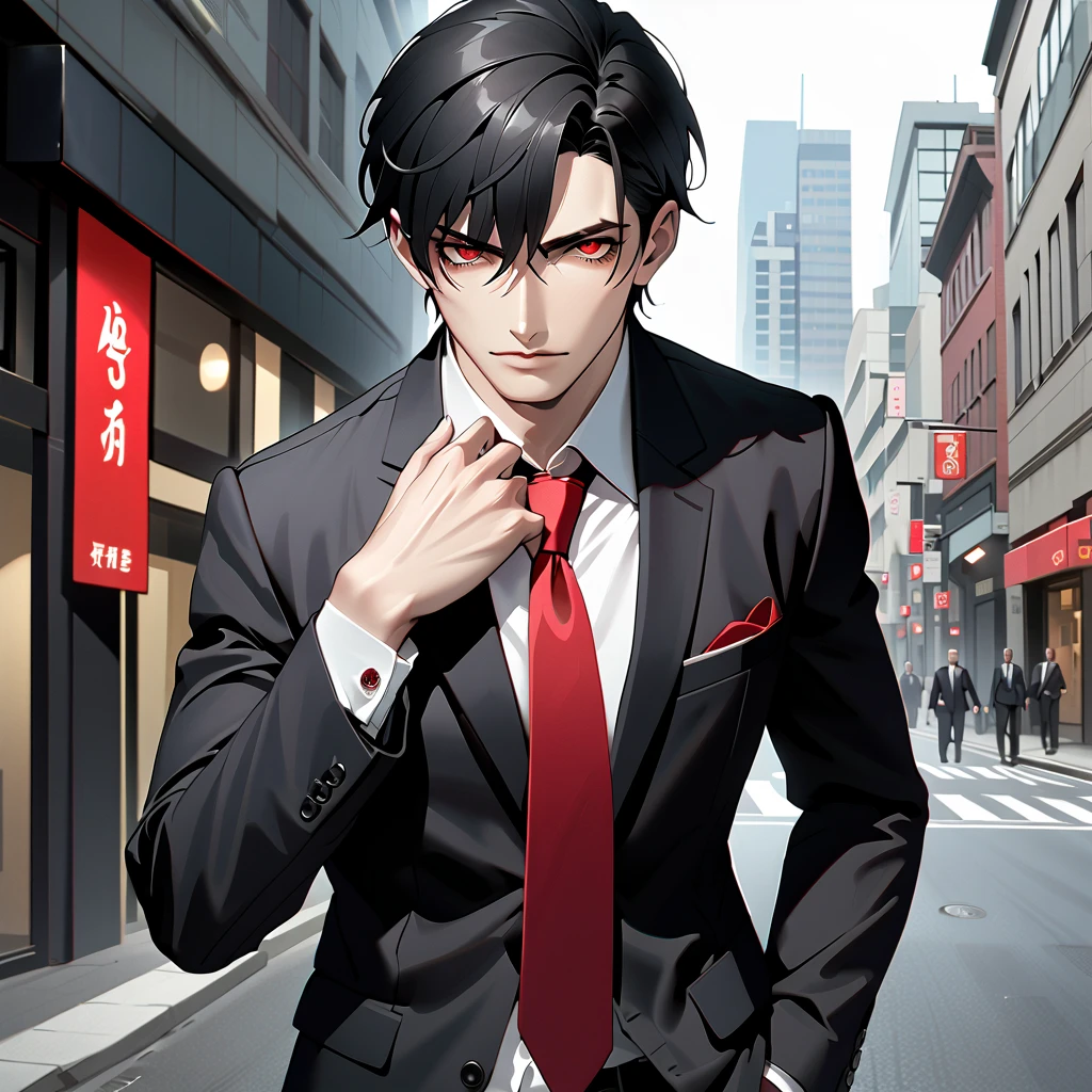  black hair,  sharp eye, Lewd Eyes, male　  red eyes　 short hair　  handsome, ,  business suit　Portraiture　whole body　Around town　Regular tie red