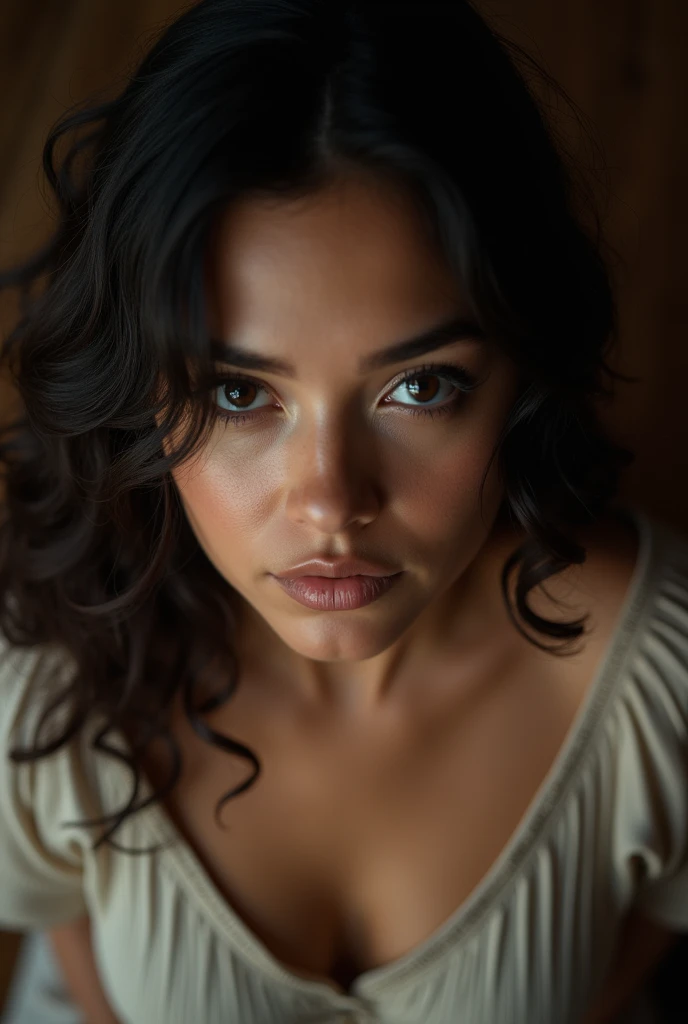 top angle view Indian woman bending down showing cleavage oversized blouse sexy facial expressions prime professional lens
