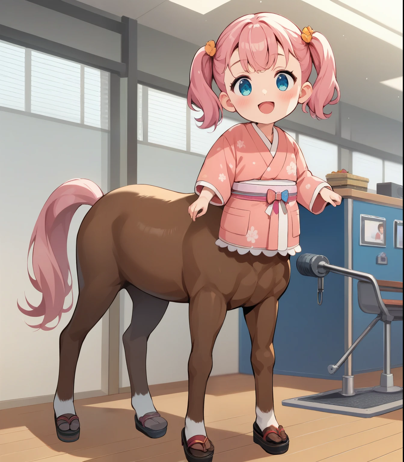 score_9, score_8_up, score_7_up, score_6, score_5_up, score_4_upanime break，nsfw， masterpiece， Max image  ，top quality，Centaur， PINK TWIN HAIR  ,  cute brown elementary school girl ，Cute kimono，baby face，  short， toddler figure :1.3，  flat chested，  SM Training Room  ， Restraint torture machine and monitoring device  :1.3、