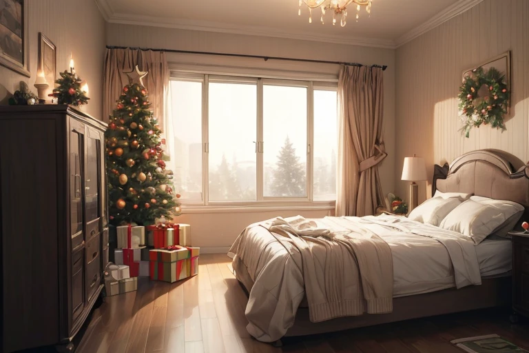 ((masterpiece, highest quality, Highest image quality, High resolution, photorealistic, Raw photo, Extremely detailed CG unified 8k wallpaper)), decorate this room with christmas themed decorations, christmas trees, presents near the christmas tree, christmas present socks hanging on the wall, decoration christmas lights, elaborate details,