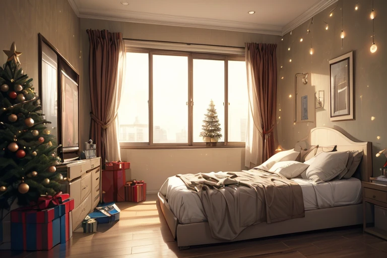 ((masterpiece, highest quality, Highest image quality, High resolution, photorealistic, Raw photo, Extremely detailed CG unified 8k wallpaper)), decorate this room with christmas themed decorations, christmas trees, presents near the christmas tree, christmas present socks hanging on the wall, decoration christmas lights, elaborate details,