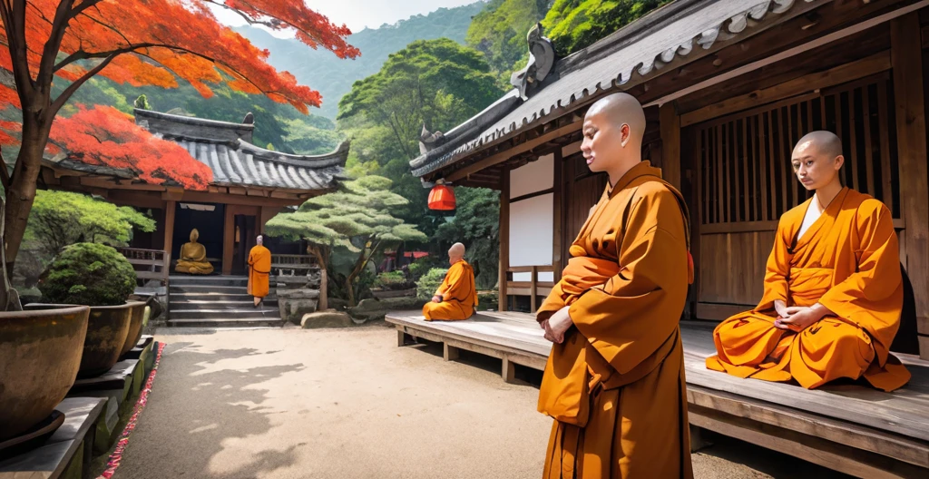 With a smile，Eyebrow beauty，Little monk without hair，The Buddha statue sits in front of the temple and knocks on the wooden fish