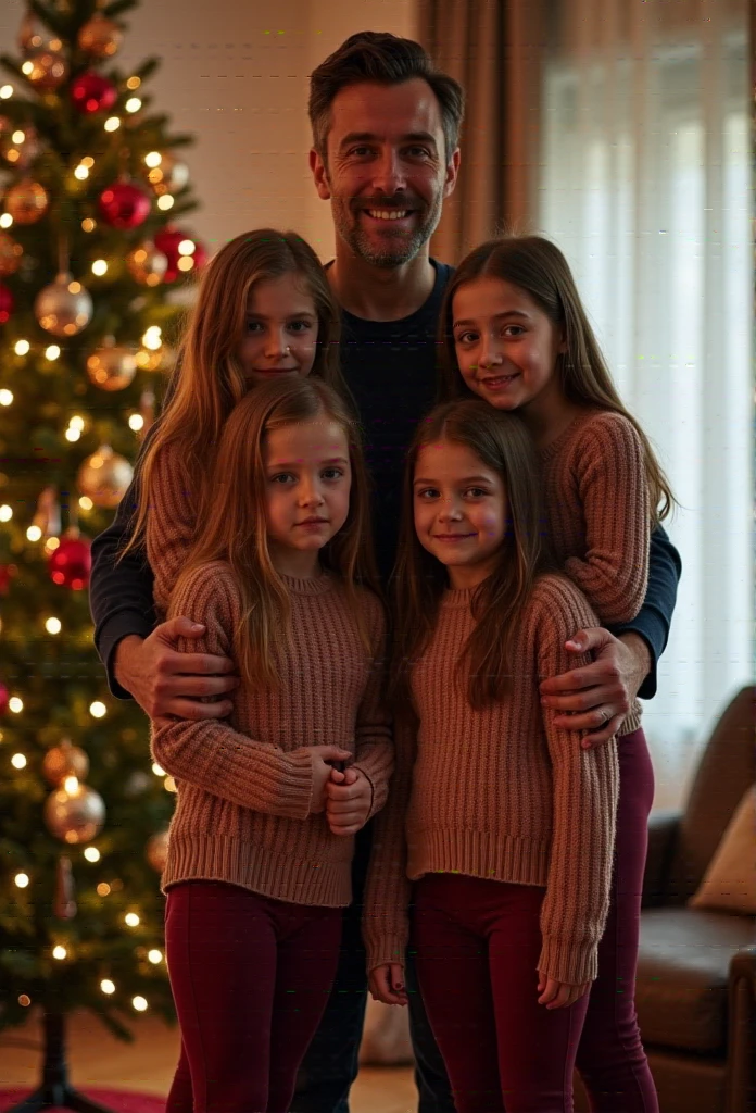 Heic portrait family photo dad in lounge room standing in front of Christmas tree with group of clothed ********************* daughters. Daughters sexually holding dad. Girls *******. Daughters wearing skin tight red light brown tights