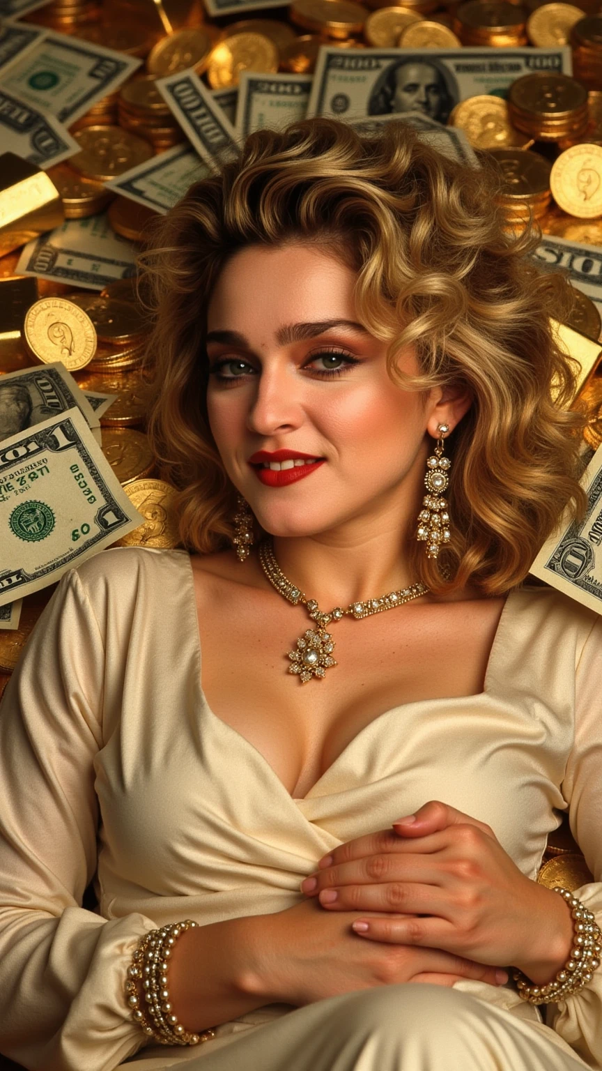 (realistic, photo-realistic:1.4), ((Madonna)) ((Madonna in 1980s style)) Madonna Pop Star (masterpiece, best quality), very modest fully clothed, confident, high resolution, intricate details, extremely detailed, ((long elegant dress)), dress covered all her body, European beauty (cool elegance), ((Young Goddess)), detailed face, expressive eyes, sophisticated features, pale skin, looking gently at the camera, ((warm smile)), (wearing exquisite gold accessories, including a wristwatch, bracelet, ring, necklace, earrings, all designed with intricate patterns), ((surrounded by a cascade of dollar bills, gold bars, and shimmering gold coins)), (Golden World), (soft golden light reflecting around her), she is gracefully reclining amidst the wealth, embodying elegance and sophistication.