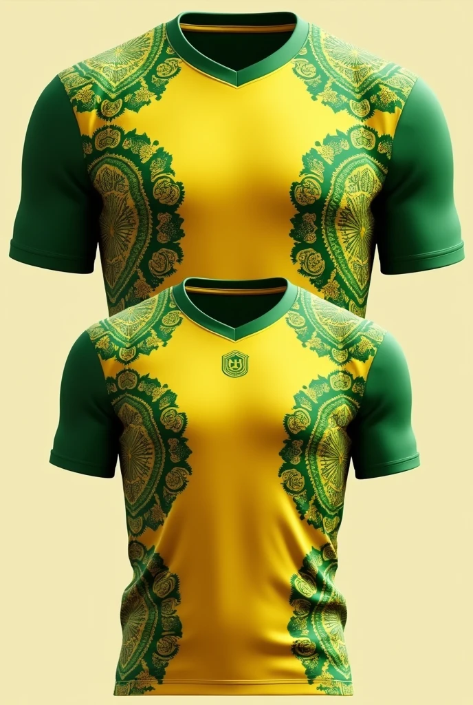 A mockup of a green and gold sports t-shirt. In the front mockup, a vertical strip, in the middle, of ornaments that go from the collar to the bottom of the shirt, com um espaço in the middle para colocar o número do jogador. The collar and hems of the shirt and sleeves must be gold.. Add a texture to the shirt.