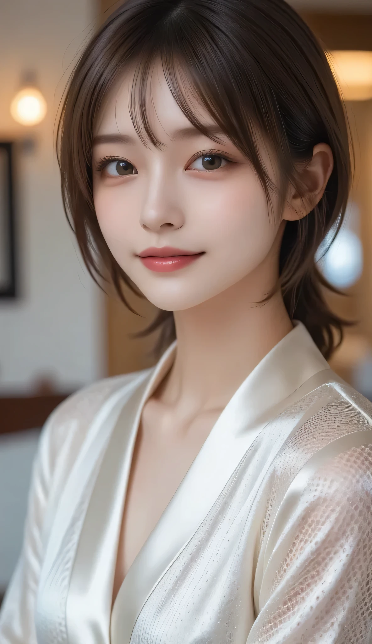 masuter piece、top-quality、hight resolution、Raw photo、realisitic、Bright lighting、face lights、Smooth professional lighting、Women in Japan、Quarters、big sister、adult lady、Beautuful Women、女優、modeled、gravure、A sexy、unclear、Super beautiful、Realistic and beautiful skin、Beautiful and detailed eyes、A detailed face、slim、medium large breasts、short medium hair、brunette color hair、bathrobe