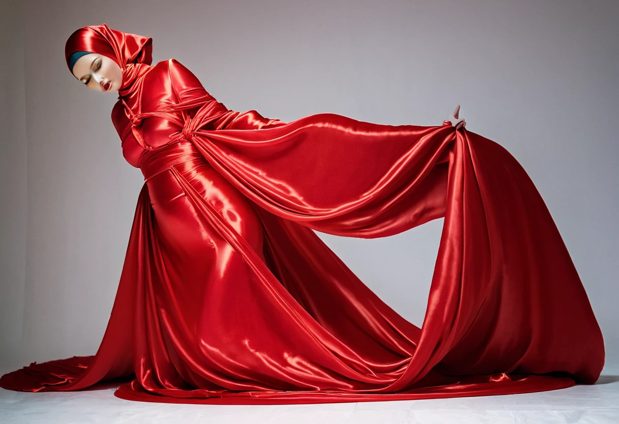 beautiful sexy woman, beautiful avant-garde style, full length , Beautiful red, Silk, transparent, flying clothes , Accessories ,Bag,