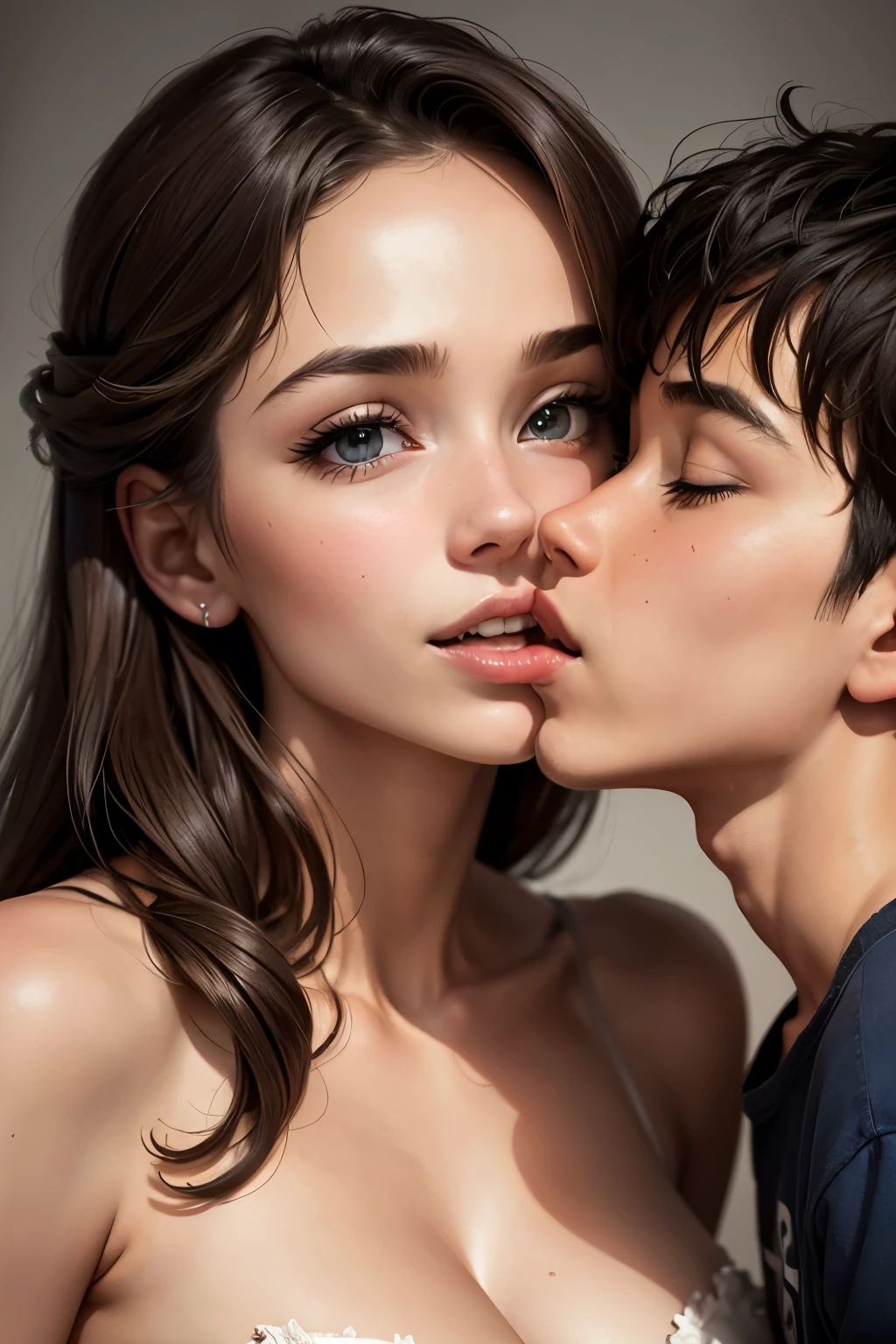 Sexy woman being kissed on the neck by a young boy