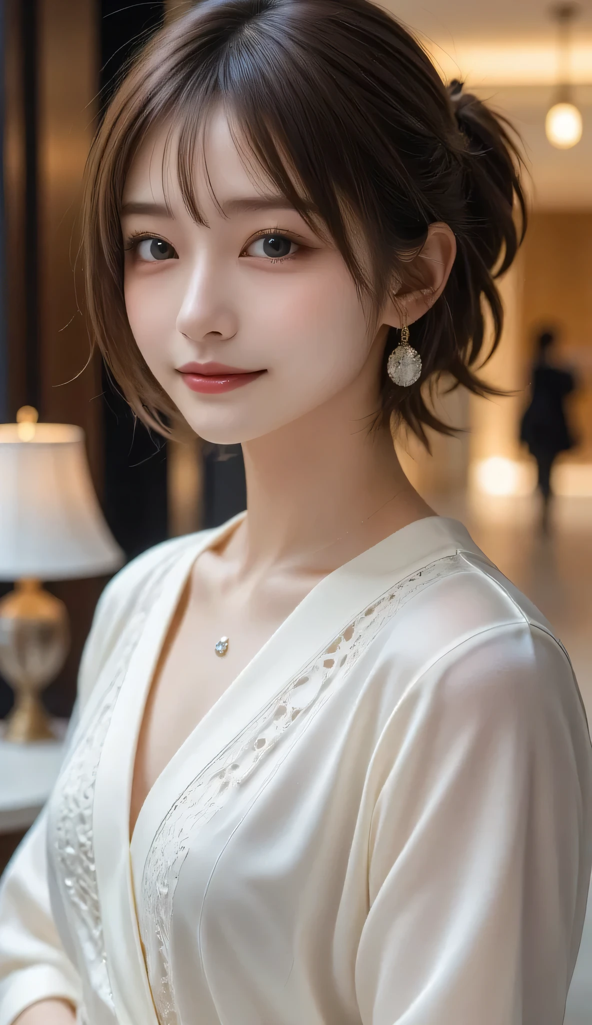 (((eyeをそらす,ponytail、The mouth teaches))),(((((Black Chinese Dress))))),(、Tabletop, One Girl, highest quality, Super detailed, (Shiny), (small)、(((with blush cheeks,))),Ray Tracing,Perfect lighting, (Milky skin:1.2), yellow_eye, The cutest 28-year-old girl in Japan、small ribbons in the hair、Background is China、smile、Selfie