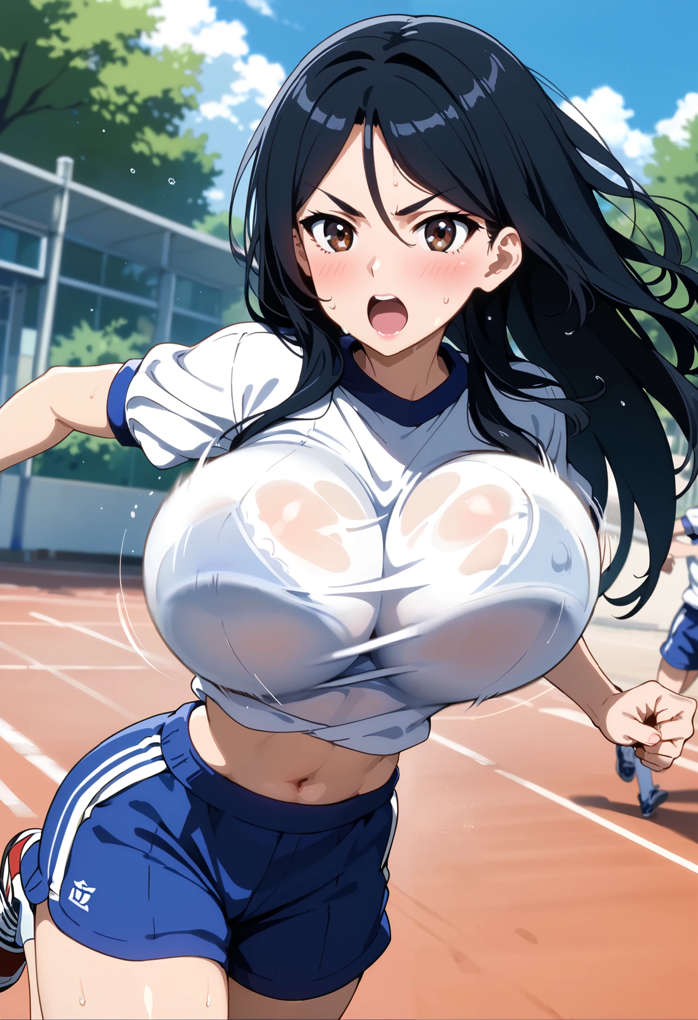 score_9, score_8_up, score_7_up, source_anime, (anime screencap:0.5), 1girl, Alone, outdoors, school,fukiyosepony, long hair, black hair, brown eyes, hair between eyes, parted bangs, large breasts,(huge breasts),(round breasts),nalow waist,slender,curvin,sexy, glamor, gym uniform, blue gym shorts, looking at viewer,frustrated,sweat,blush, feel horny ,Estrus season,open mouth, dynamic angle,bare arms,v-shaped eyebrows, color bra visible through clothes,taut clothes,(bouncing tits:1.2),(bouncing boobs:1.2),random shot,Mr.々Perspective,((running)),(jogging),(Breasts bouncing up and down ),side view,from above, oblique perspective 