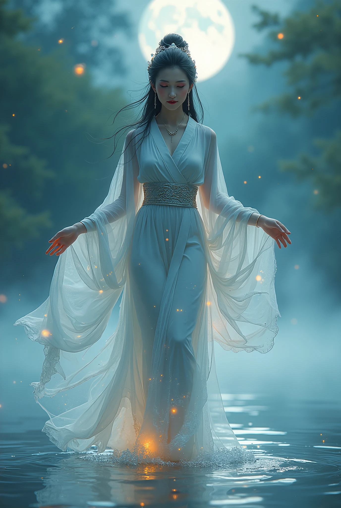 A goddess whose whole body is standing on the lake, Walking,  traditional Japanese goddess appearance ,  the most beautiful appearance of a goddess in the style of Alice Hirose ,  Beautiful style , Alice Hirose style face ,  beautiful brown eyes,  beautiful pink lips,  long, dark hair up,  hair ornament, earrings, necklace, The feet of the goddess are undulating in waves,  facing the front, The entire surface of the lake is foggy,  mysterious light is emitting from the body, Fantastic ,  arms are moving quietly , Illuminated by the moon, colorful light is scattered,  fantasy,  top quality,  high image quality,  high definition , 8k wallpaper, 